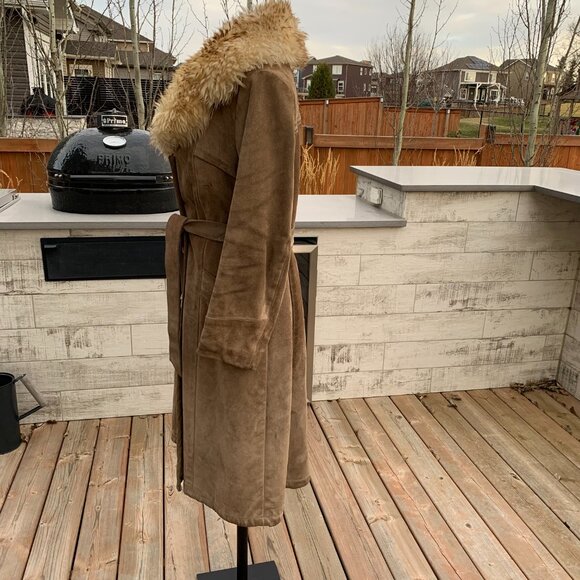 Vintage 70s Sears Suede Penny Lane Coat Faux Fur Collar Lined Belted Overcoat - Picture 3 of 16
